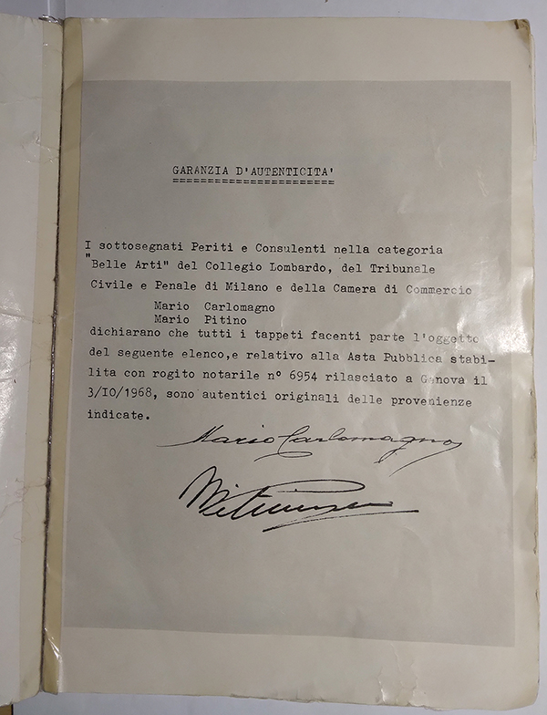 Garanzia di autenticità rilasciata dai periti Mario Carlomagno e Mario Pitino il 3 ottobre 1968.