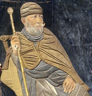Ritratto di Menelik II l'Imperatore d'Etiopia dal 1886 al 1913, ricamato con fili metallici e dipinto.